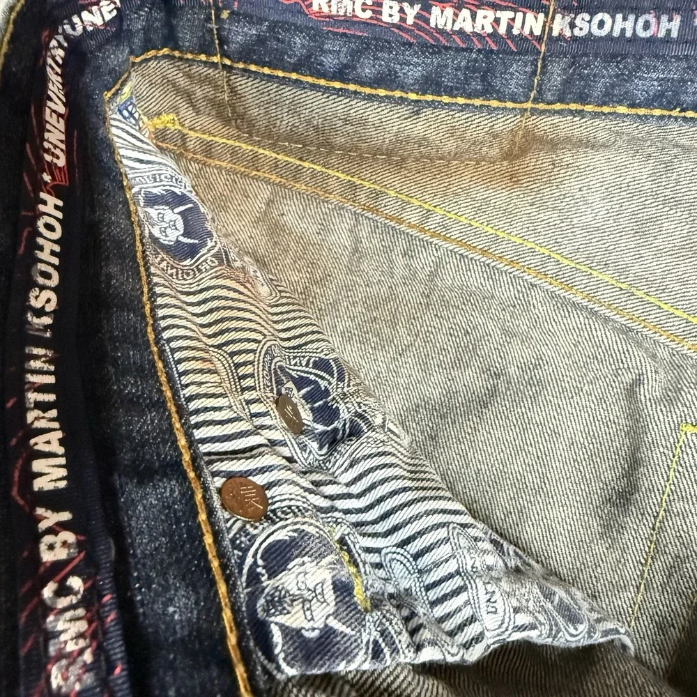 RMC Martin Ksohoh Red Monkey Company Mens Indigo Graphic Jeans Wave Logo 30x34
